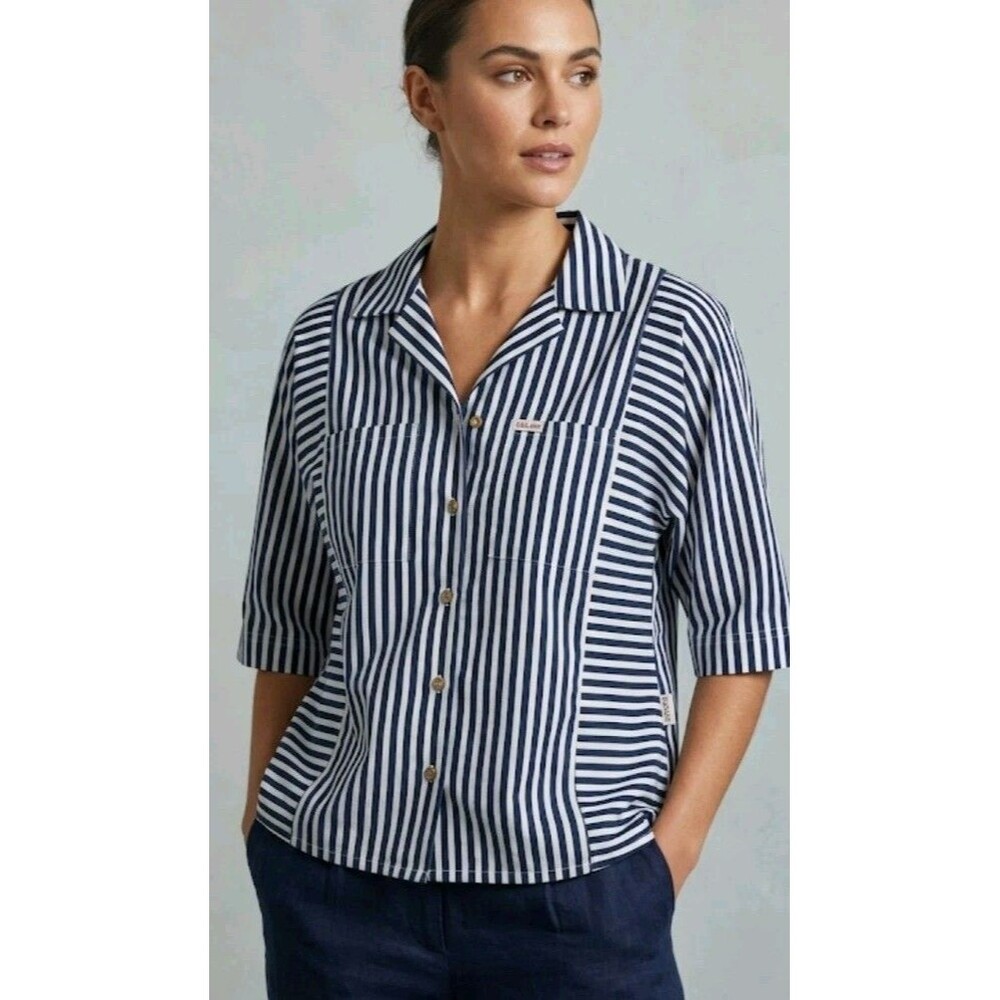 Vintage Cabrais Button Shirt Size 18W  Blue/White Striped Cotton Blend Collar...